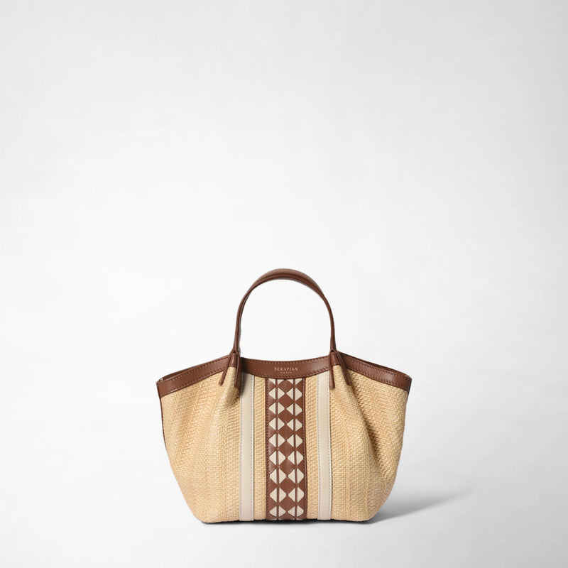 Mini secret bag in raffia and seta leather - natural/tan/off-white