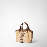 Mini secret bag in raffia and seta leather - natural/tan/off-white