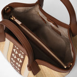 Mini secret bag in raffia and seta leather - natural/tan/off-white