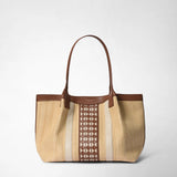 Small secret tote bag in raffia and seta leather - natural/tan/off-white