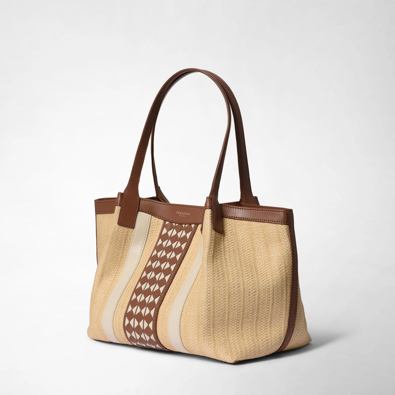 Small secret tote bag in raffia and seta leather - natural/tan/off-white
