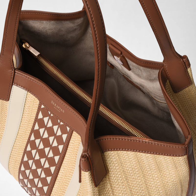 Small secret tote bag in raffia and seta leather - natural/tan/off-white