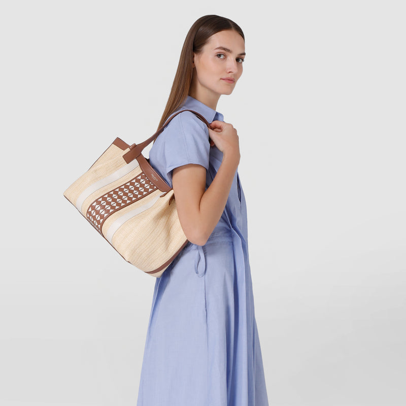 Small secret tote bag in raffia and seta leather - natural/tan/off-white