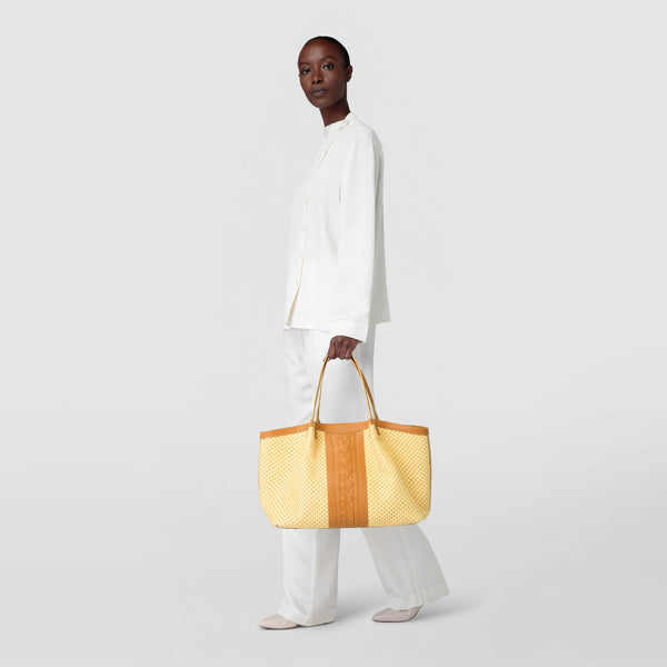 Secret tote bag in raffia and seta leather - natural/almond