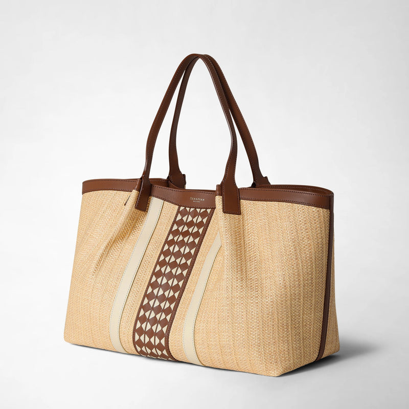 Raffia＆setaレザー製secretトートバッグ - natural/tan/off-white