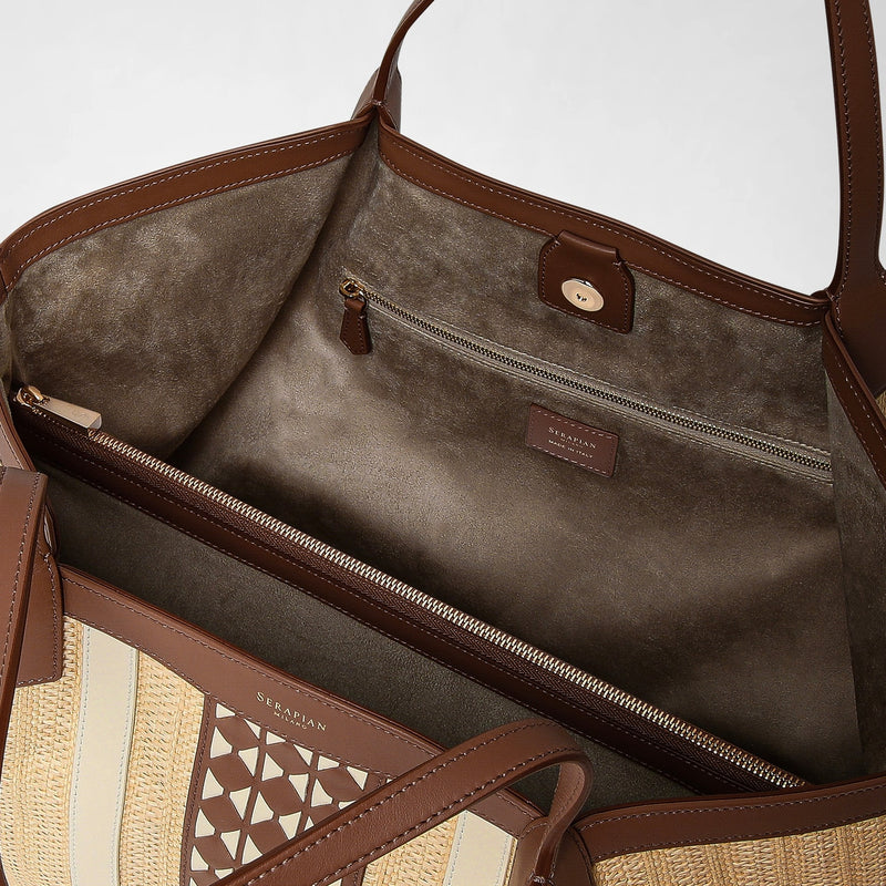 Raffia＆setaレザー製secretトートバッグ - natural/tan/off-white