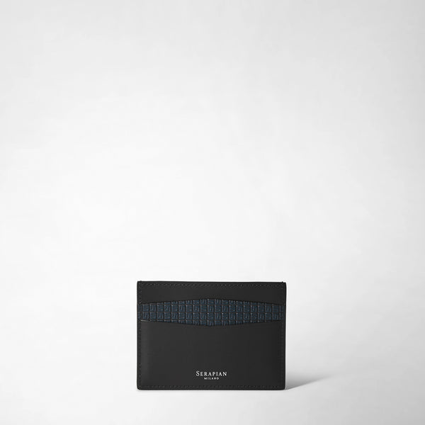 Frontal view: 5-CARD HOLDER IN STEPAN shows a sleek card holder in ocean blue and black with S-etched texture and &#39;SERAPIAN MILANO&#39; printed in white.