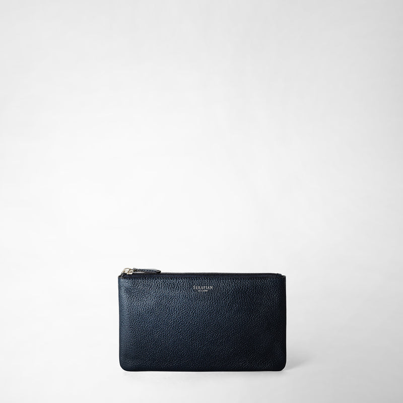 Pouch with zip in cachemire leather - navy blue