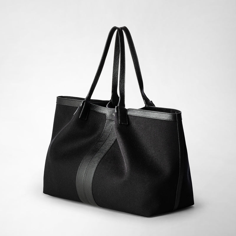 Tote bag secret in canvas e pelle cachemire - black/black