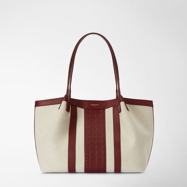 Small secret tote bag in canvas and mosaico - natural/burgundy