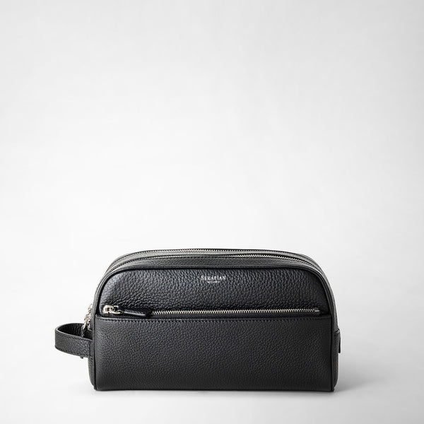 Double zip washbag in cachemire leather - black