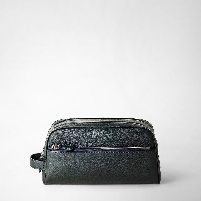 Cachemireレザー製ダブルファスナー洗面具用ポーチ - navy blue