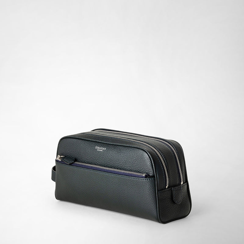 Cachemireレザー製ダブルファスナー洗面具用ポーチ - navy blue