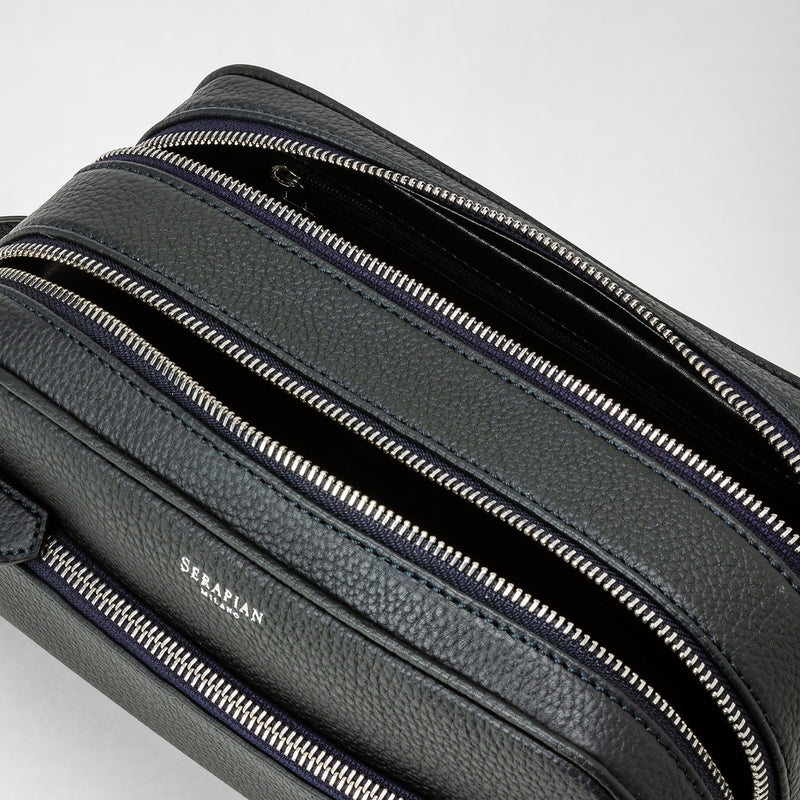 Cachemireレザー製ダブルファスナー洗面具用ポーチ - navy blue