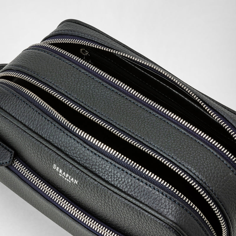 Double zip washbag in cachemire leather - navy blue