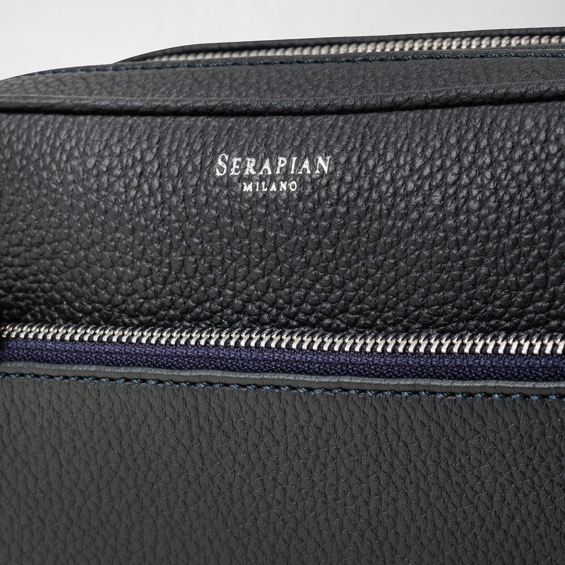 Cachemireレザー製ダブルファスナー洗面具用ポーチ - navy blue