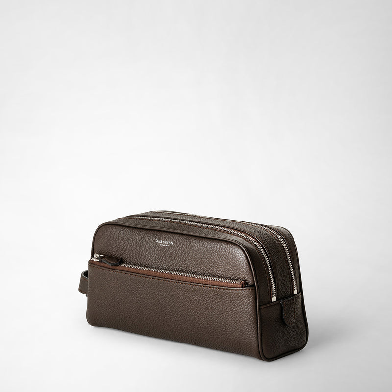 Double zip washbag in cachemire leather - espresso