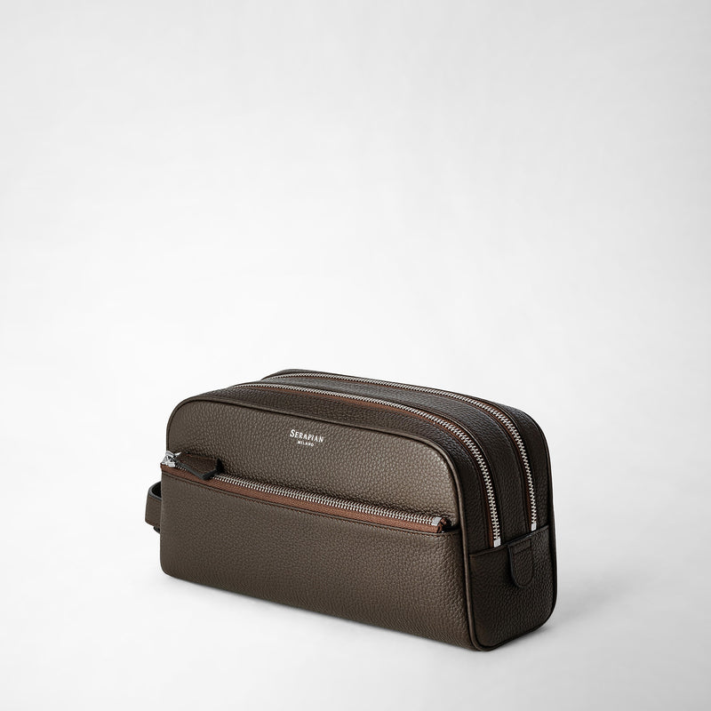 Double zip washbag in cachemire leather - chestnut