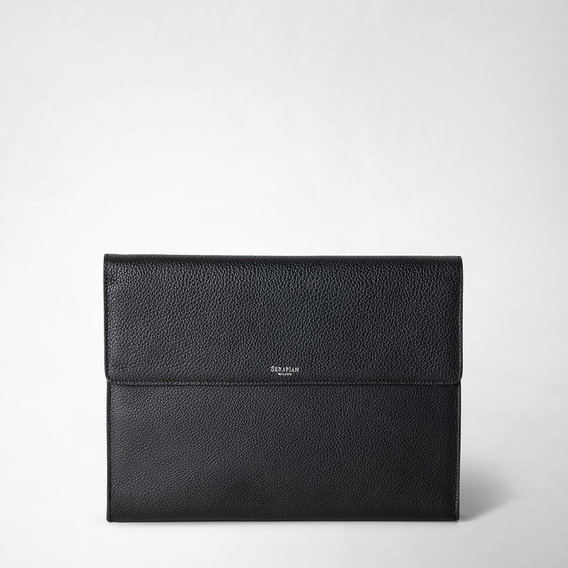 Flap-front document folio in cachemire leather - black