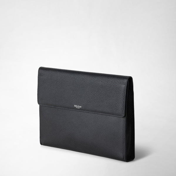 Flap-front document folio in cachemire leather - black