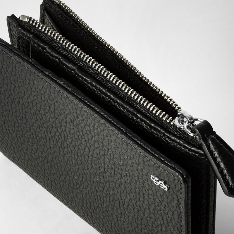 Vertical billfold with zip in cachemire leather - black