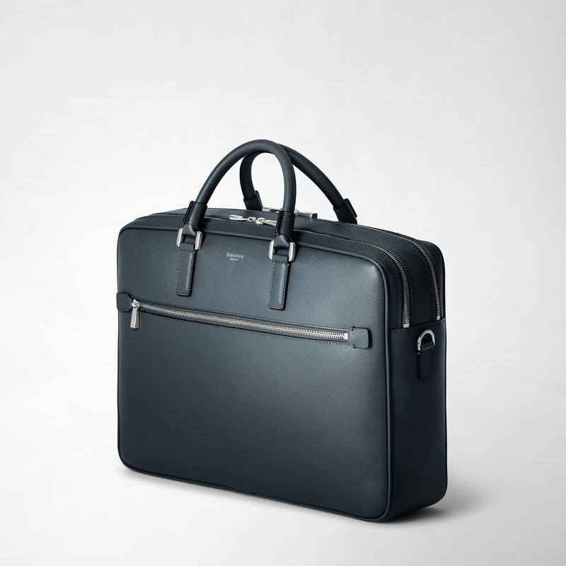 Double gusset briefcase in evoluzione leather - navy blue