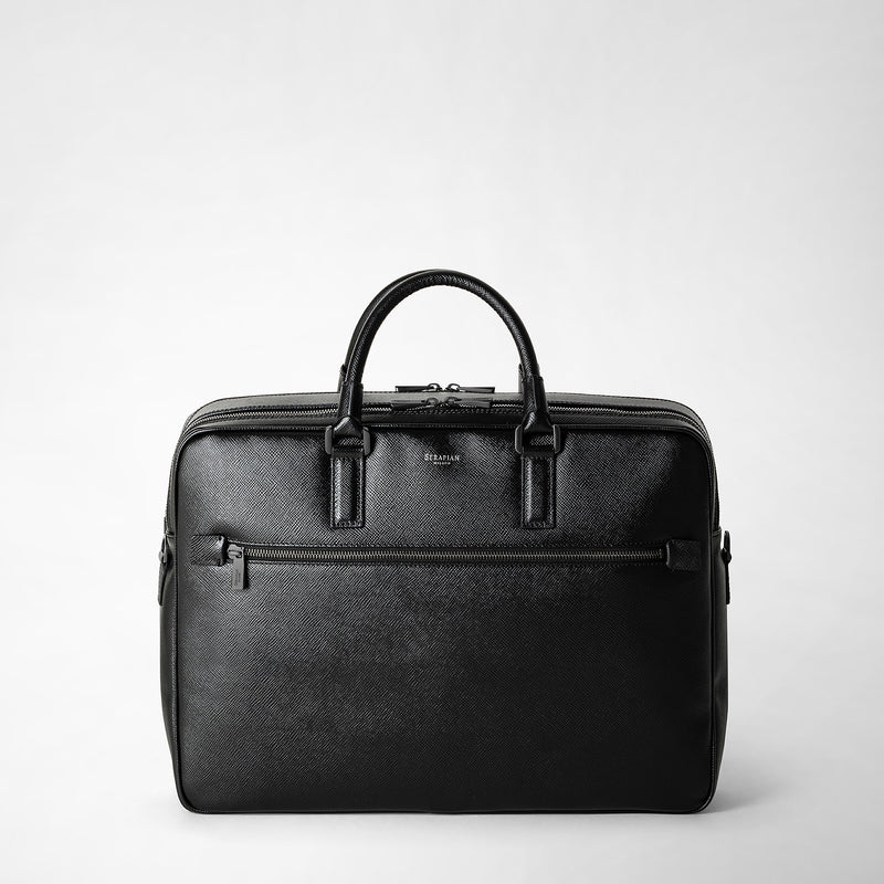 Double gusset briefcase in evoluzione leather - eclipse black