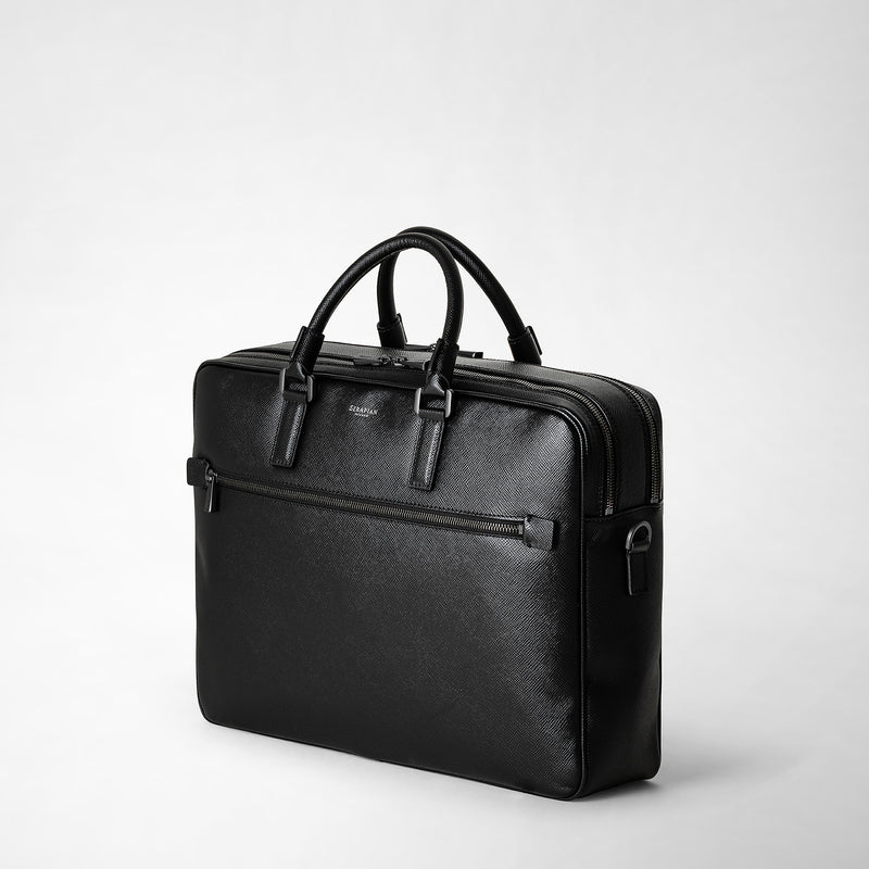 Double gusset briefcase in evoluzione leather - eclipse black