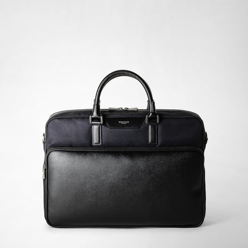 Briefcase in recycled twill and evoluzione leather - eclipse black