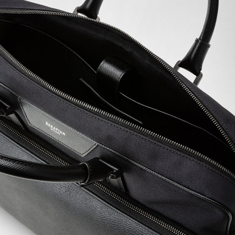 Briefcase in recycled twill and evoluzione leather - eclipse black