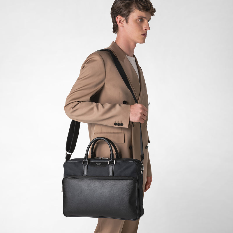 Briefcase in recycled twill and evoluzione leather - eclipse black