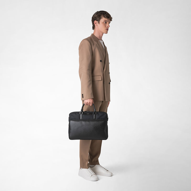 Briefcase in recycled twill and evoluzione leather - eclipse black