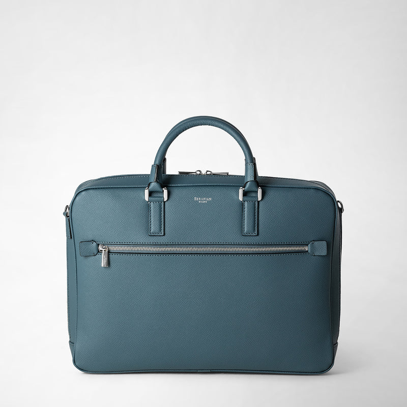Slim briefcase in evoluzione leather - avio blue