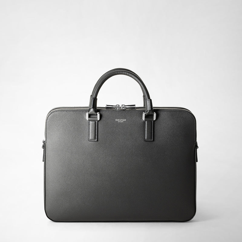 Slim briefcase with double zip in evoluzione leather - anthracite gray
