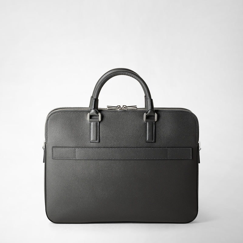 Slim briefcase with double zip in evoluzione leather - anthracite gray