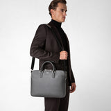 Slim briefcase with double zip in evoluzione leather - anthracite gray