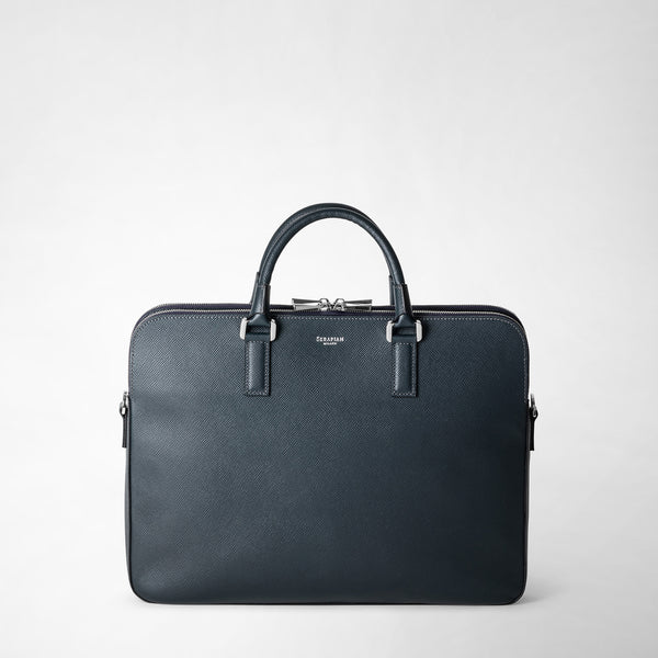 Slim briefcase with double zip in evoluzione leather - navy blue