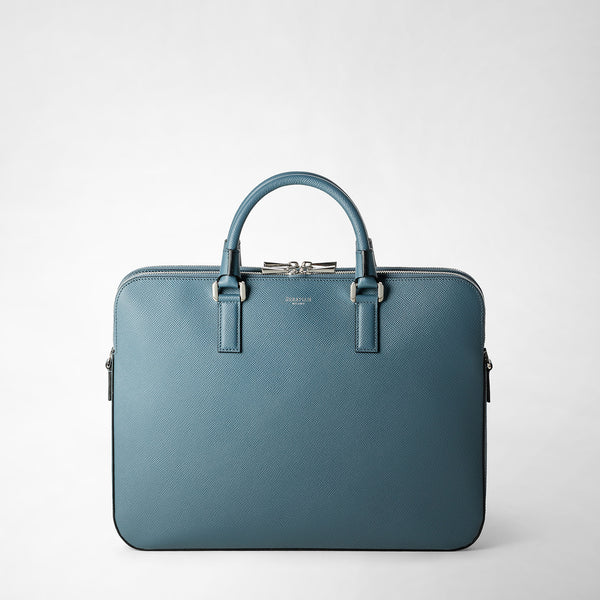 Attaché-case slim avec double fermeture éclair en cuir evoluzione - avio blue