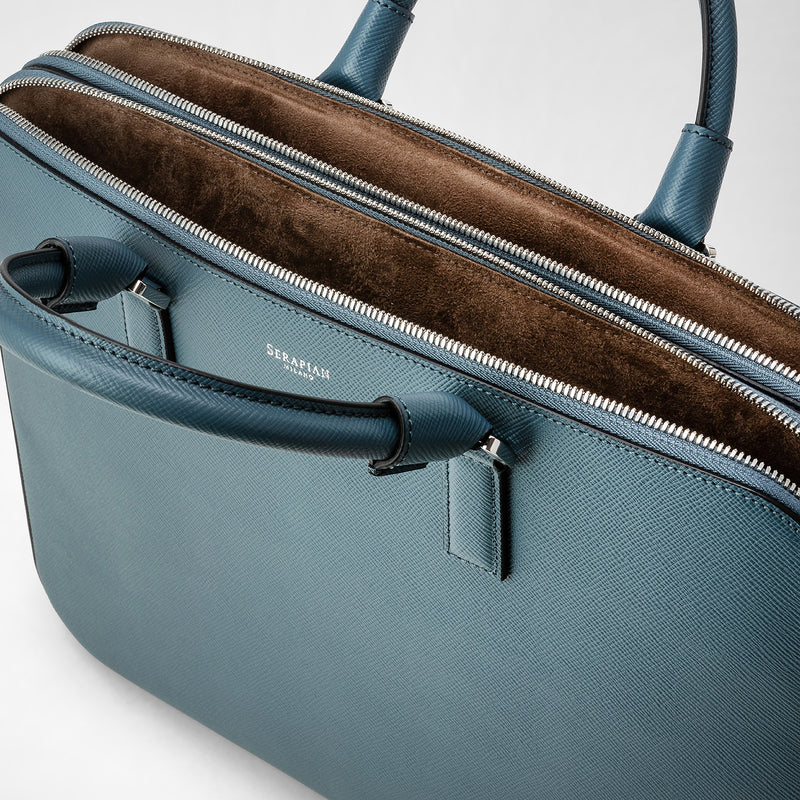Slim briefcase with double zip in evoluzione leather - avio blue