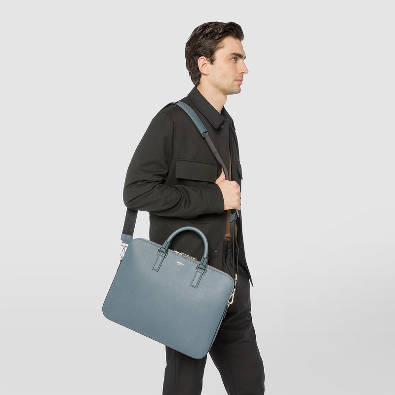 Slim briefcase with double zip in evoluzione leather - avio blue
