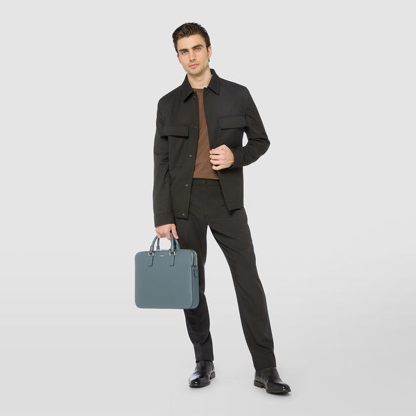 Slim briefcase with double zip in evoluzione leather - avio blue