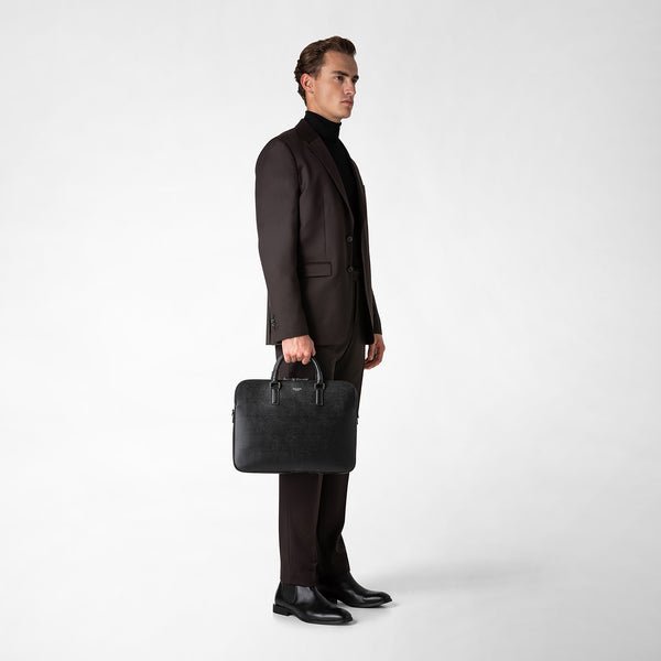 Slim briefcase with double zip in evoluzione leather - eclipse black