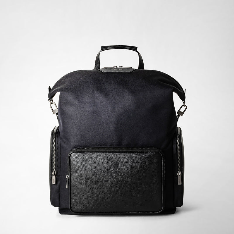 Rucksack aus recyceltem twill und evoluzione-leder - eclipse black