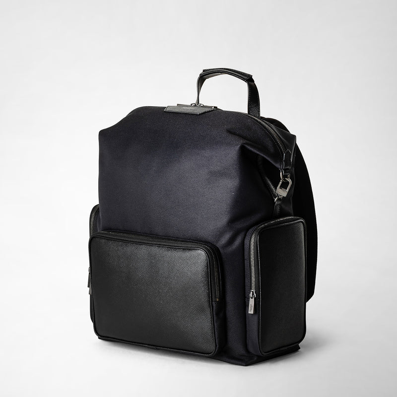 Rucksack aus recyceltem twill und evoluzione-leder - eclipse black