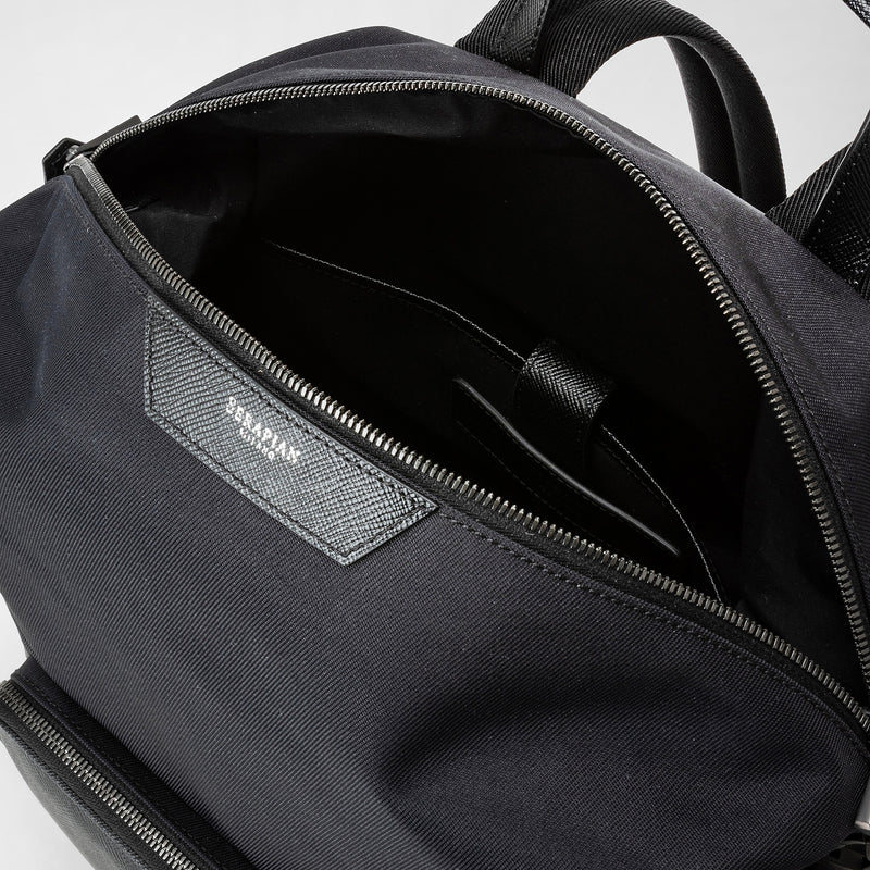 Rucksack aus recyceltem twill und evoluzione-leder - eclipse black