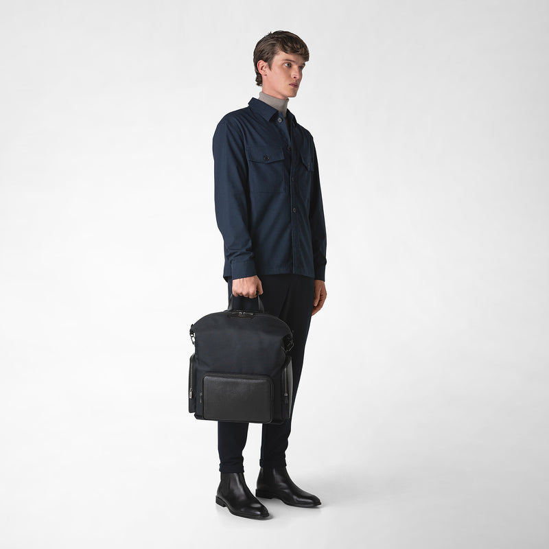 Rucksack aus recyceltem twill und evoluzione-leder - eclipse black