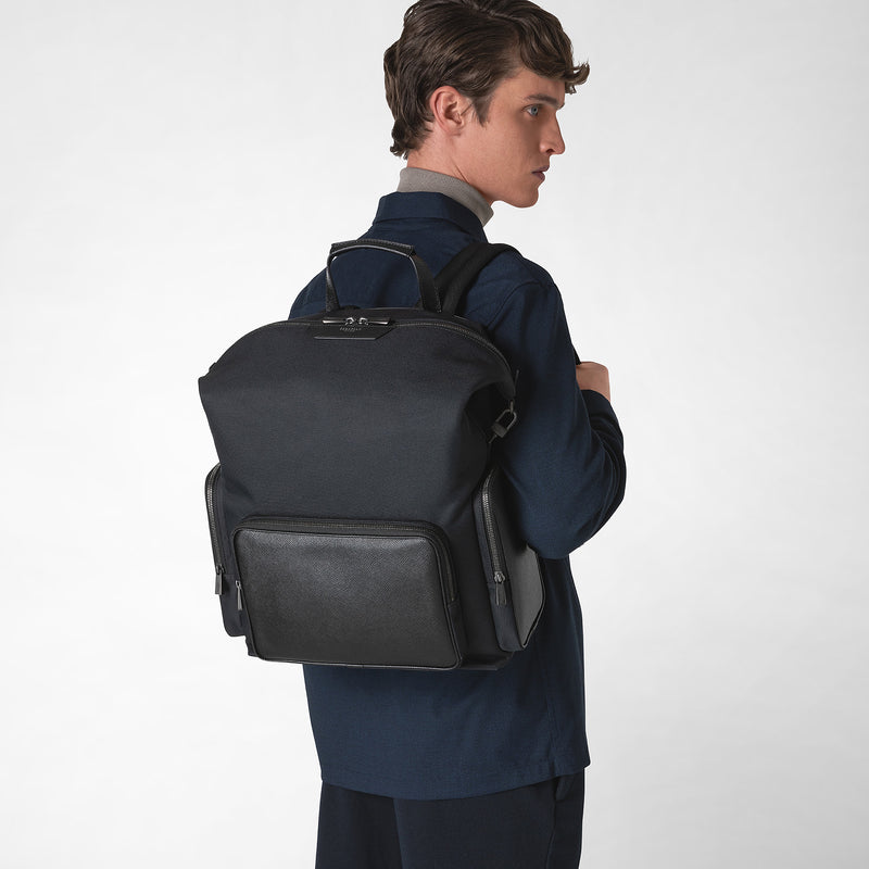 Rucksack aus recyceltem twill und evoluzione-leder - eclipse black