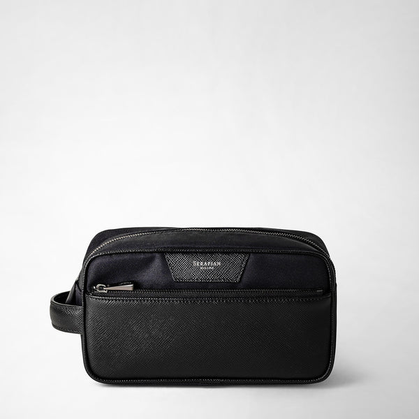 Washbag in recycled twill and evoluzione leather - eclipse black
