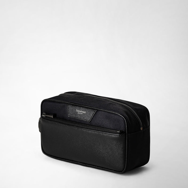 Wash bag in recycled twill and evoluzione leather - eclipse black