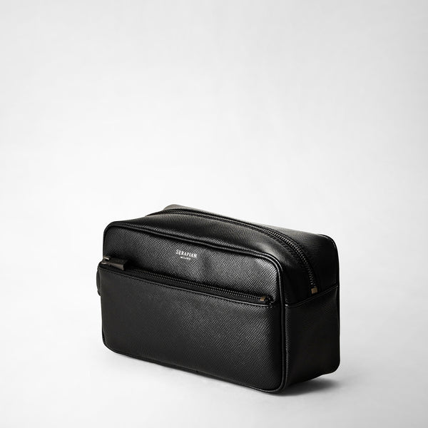Wash bag in recycled twill and evoluzione leather - eclipse black